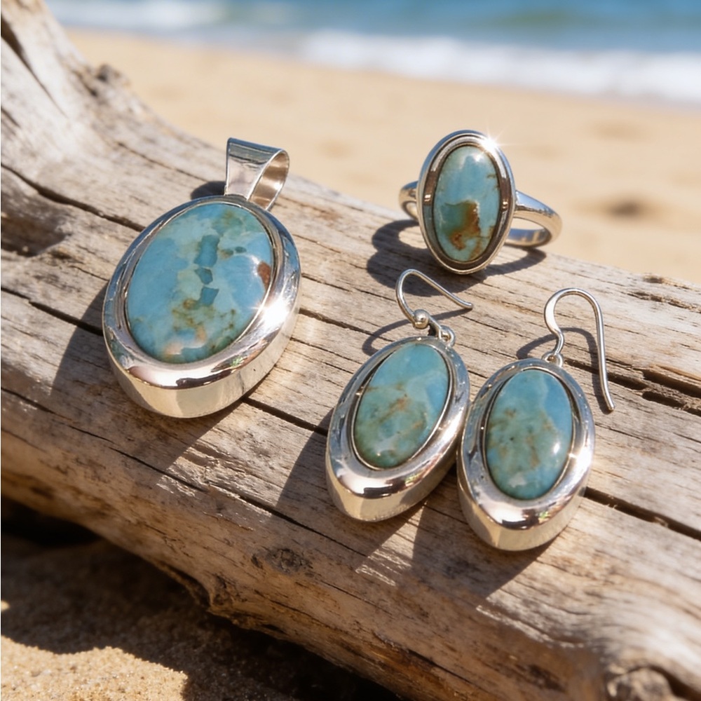 Sterling Silver reversible Turquoise and Lapis Jewelry Set - Picture 1 of 7